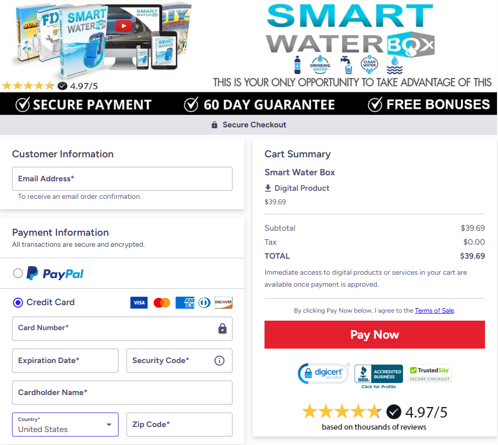 Smart Water Box secure checkout page with 60-day money back guarantee
